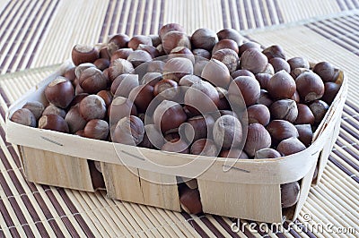 Huzelnuts in a wicker basket. Stock Photo