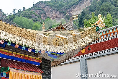 Roof at Gonlung Champa Ling(Youningsi). a famous Monastery in Huzhu, Qinghai, China. Stock Photo