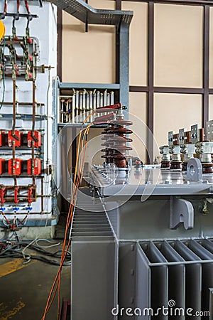 HV terminals of transformer under load loss test Stock Photo