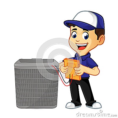 Hvac Cleaner or technician checking ac standing Cartoon Illustration