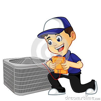 Hvac Cleaner or technician checking air conditioner Cartoon Illustration