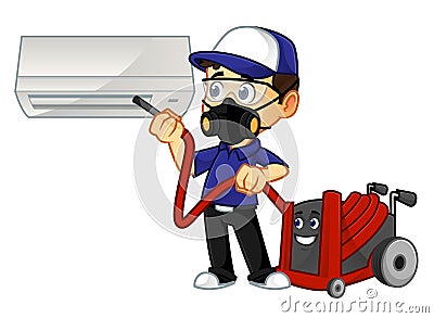 Hvac Cleaner or technician cleaning air conditioner Cartoon Illustration