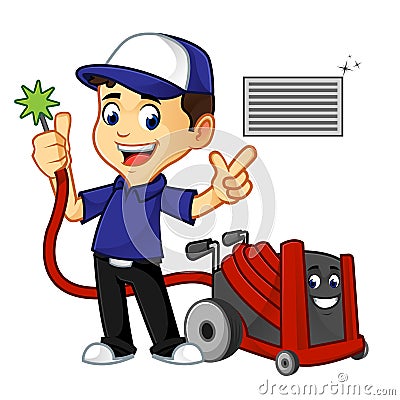 Hvac Cleaner or technician cleaning air duct Cartoon Illustration