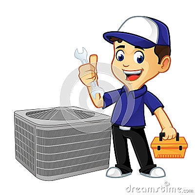 Hvac Cleaner or technician hold wrench and toolbox Cartoon Illustration