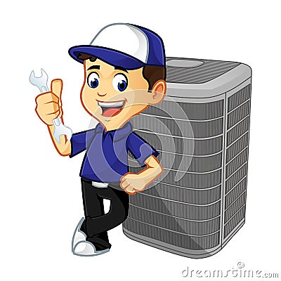 Hvac Cleaner or technician leaning on air conditioner Cartoon Illustration