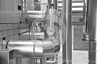 Hvac pipes, heating, ventilation, air conditioning and cooling system, ducted through the wall located outside. Climate system for Stock Photo