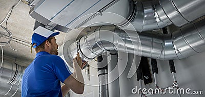 Hvac worker install ducted pipe system for ventilation and air conditioning. copy space Stock Photo