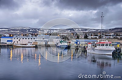 Twilight in an Icelandic port Editorial Stock Photo