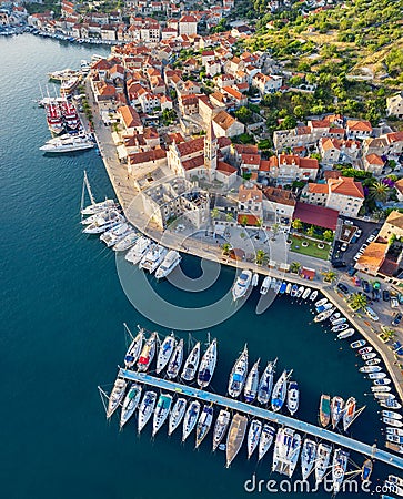 Hvar, Croatia. Aerial view on the old town. Vacation and adventure. Town and sea. Top view from drone at on the old town and azure Stock Photo