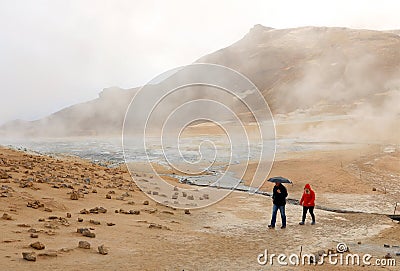 HVERIR, ICELAND, 26 SEPTEMBER, 2019: Tourists visiting the geothermal region of Hverir in Iceland near Myvatn Lake Editorial Stock Photo