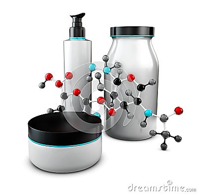 Hyaluronic acid chemical molecule structure and cosmetic bottles, 3d illustration. Cartoon Illustration