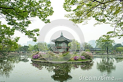 Hyangwonjeong hexagonal pavilion of Gyeongbokgung Palace in Seoul, Korea. Erected by royal command of King Gojong in 1873 Editorial Stock Photo