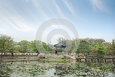 Hyangwonjeong hexagonal pavilion of Gyeongbokgung Palace in Seoul, Korea. Erected by royal command of King Gojong in 1873 Editorial Stock Photo