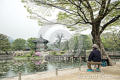 Hyangwonjeong hexagonal pavilion of Gyeongbokgung Palace in Seoul, Korea. Erected by royal command of King Gojong in 1873 Editorial Stock Photo