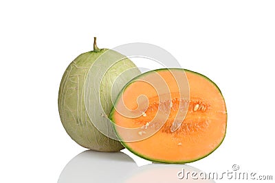 Hybrid cantaloupe honeydew melon sliced with seeds Stock Photo