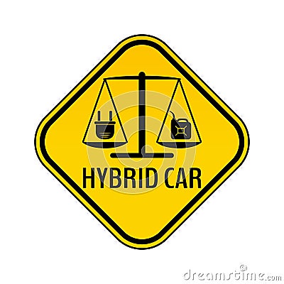Hybrid car caution sticker. Save energy automobile warning sign. Electric plug and fuel canister icon. Vector Illustration