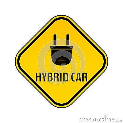 Hybrid car caution sticker. Save energy automobile warning sign. Electric plug icon in yellow and black rhombus. Vector Illustration