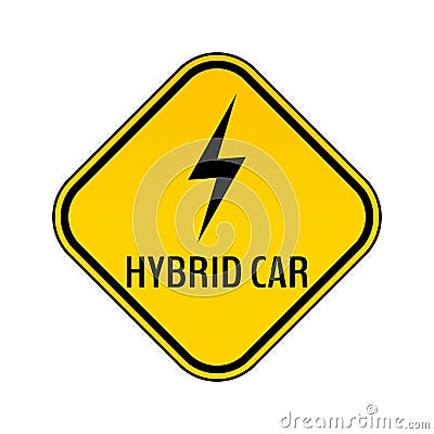 Hybrid car caution sticker. Save energy automobile warning sign. Lightning icon in yellow and black rhombus. Vector Illustration