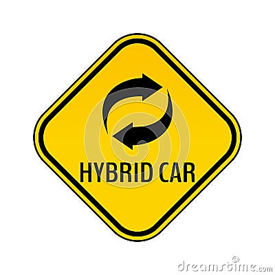 Hybrid car caution sticker. Save energy automobile warning sign. Recycle icon in yellow and black rhombus. Vector Illustration