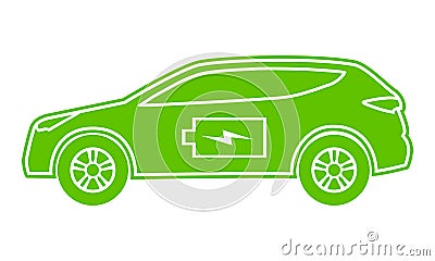 Hybrid car green icon. Electric powered environmental vehicle side view. Contour automobile with battery sign. Vector Illustration