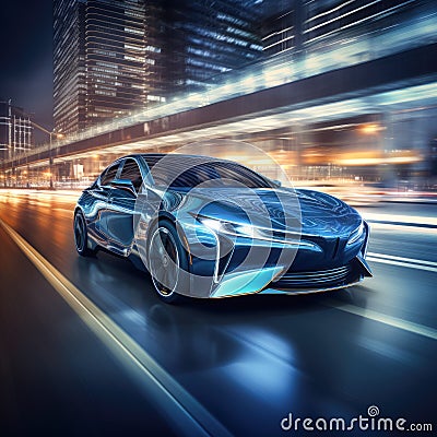 Hybrid car in motion, emphasizing its seamless transition between electric and fuel modes Stock Photo