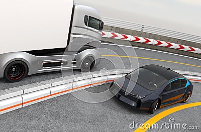 Hybrid electric truck and white electric car on highway Stock Photo