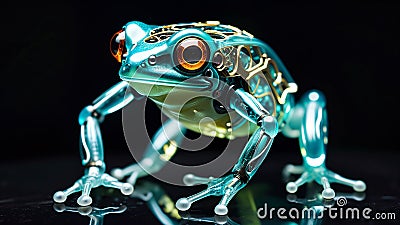 hybrid frog with orange eyes explores artificial jungle, futuristic symphony in motion – blue skin transparancy Stock Photo
