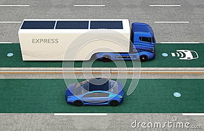 Hybrid truck and blue electric car on wireless charging lane Stock Photo