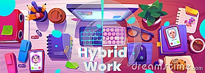 Hybrid work concept workplace top view Vector Illustration