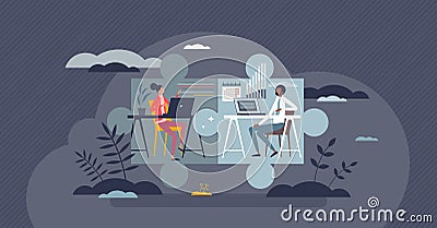 Hybrid work and workspace split with office and home tiny person concept Vector Illustration