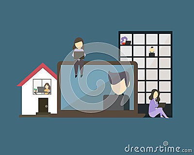 Hybrid workplace with employees working from both office and home vector Vector Illustration