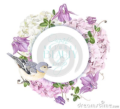 Hydrangea bird round logo Vector Illustration