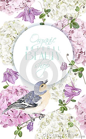 Hydrangea bird round logo Vector Illustration