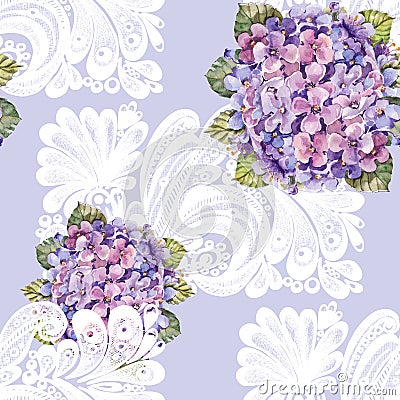 Hydrangea bouquet, white decoration, watercolor, pattern seamless Stock Photo