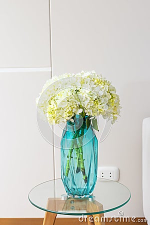 Hydrangea flower arrangement in a nice living room Stock Photo