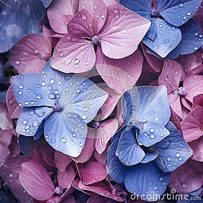 Hydrangea flowers with water drops closeup backgrounds Stock Photo
