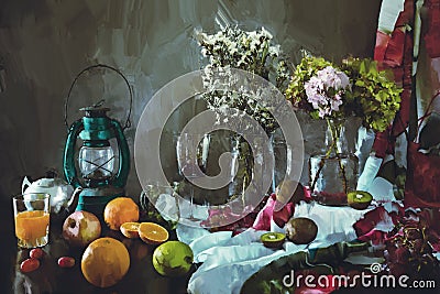 Hydrangeas flowers that are placed in a vase, and white flowers. with Fabric, red flowers that lie on the chair. Photo background Stock Photo