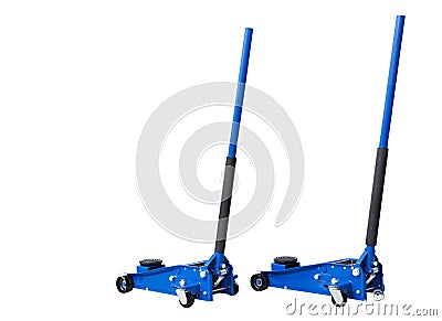 Hydraulic car floor jacks isolated on white background. Car Lift. Blue Hydraulic Floor Jack For car Repairing. Extra safety measur Stock Photo