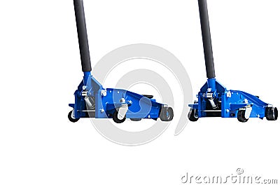 Hydraulic car floor jacks isolated on white background. Car Lift. Blue Hydraulic Floor Jack For car Repairing. Extra safety measur Stock Photo