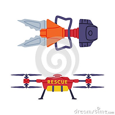 Hydraulic Chopper or Shears and Quadcopter as Rescue Equipment for Urgent Saving of Life Vector Set Stock Photo