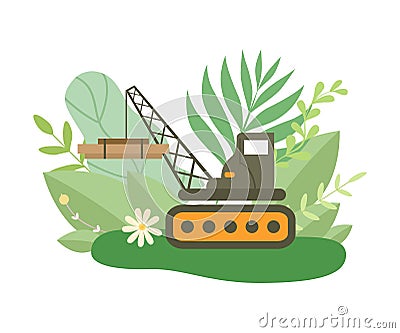 Hydraulic Crawler Crane Lifting Heavy Load in Spring or Summer Season with Blooming Flowers and Leaves Vector Vector Illustration