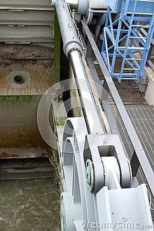 Hydraulic cylinder as water dam element Stock Photo