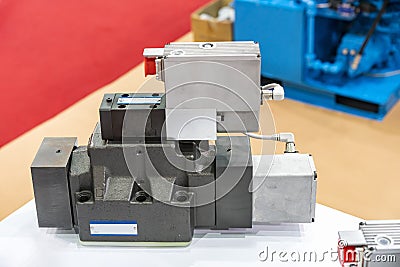 Hydraulic electric solenoid valve for control flow or direction fluid hydraulic oil into hydraulic cylinder or motor Stock Photo