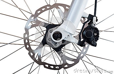 Hydraulic front disc brake on mountain bike. Isolated on a white background. Stock Photo