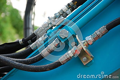 Hydraulic hose connections on industrial equipment Stock Photo