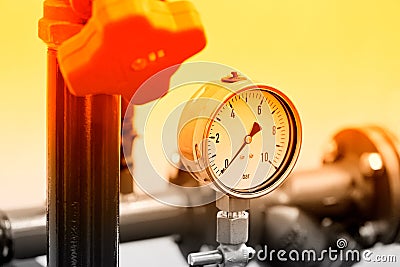 Hydraulic pressure gauge, manometer. Red toned Stock Photo