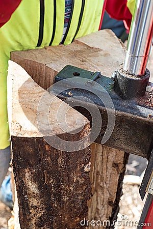 Hydraulic wood splitter at tractor Stock Photo