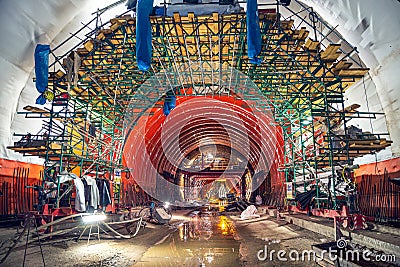 Hydro isolation preparation during of new railway tunnel construction. Railway corridor construction. Waterproofing preparation Stock Photo