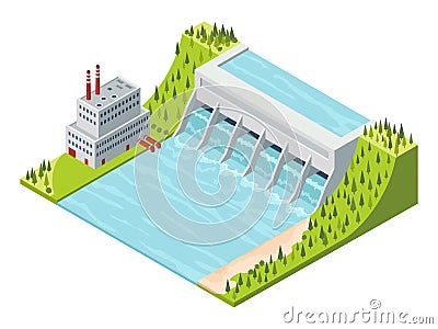 Hydro power isometric. Hydroelectric power plant. Alternative energy concept, factory electric. Water power station dam Vector Illustration