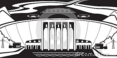 Hydro power plant on a dam lake Vector Illustration